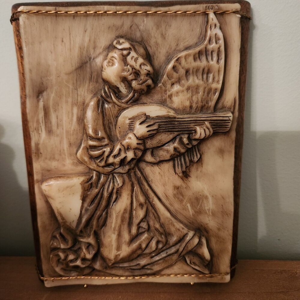 Religious Wax Relief Mounted On Wood - Angel with Lute - Vintage Art